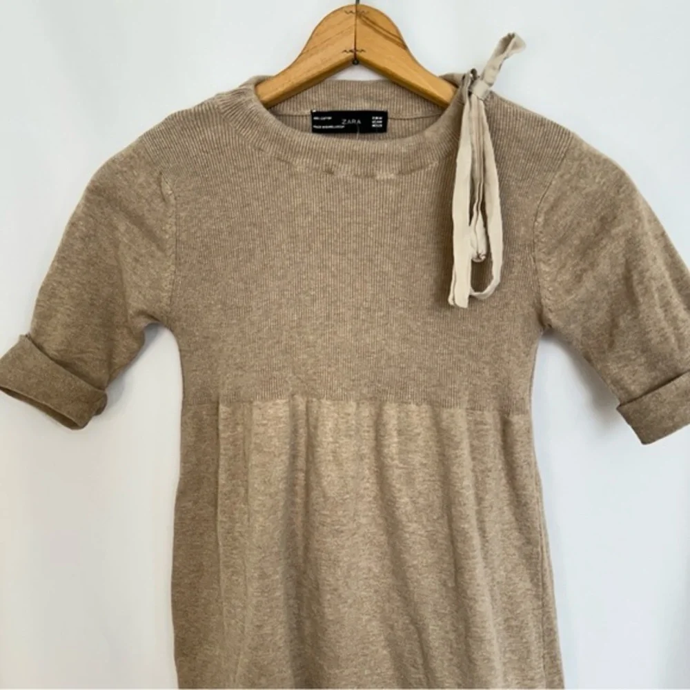 Zara Girls Dress Size Medium 3/4 Sleeve Ribbon Tied Ribbed A-Line Beige‎